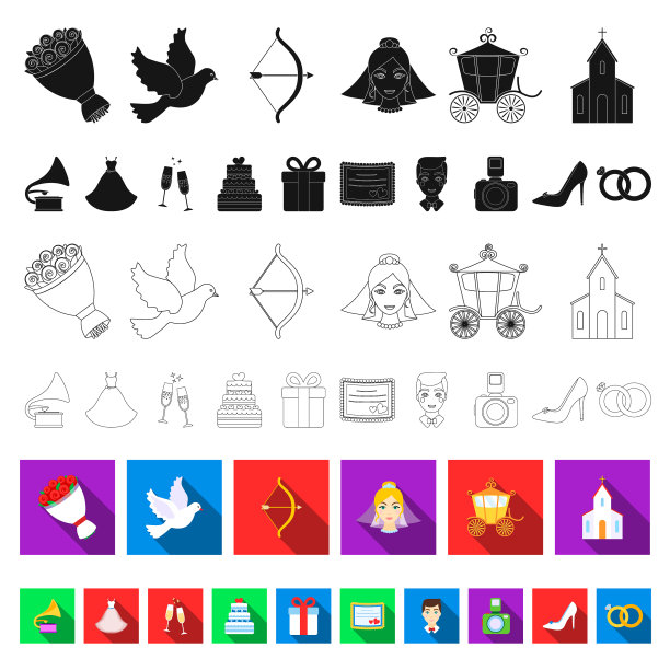 婚礼和属性平面图标设置图片下载