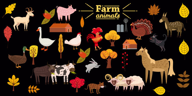 大套农场动物猪兔子牛公牛图片下载