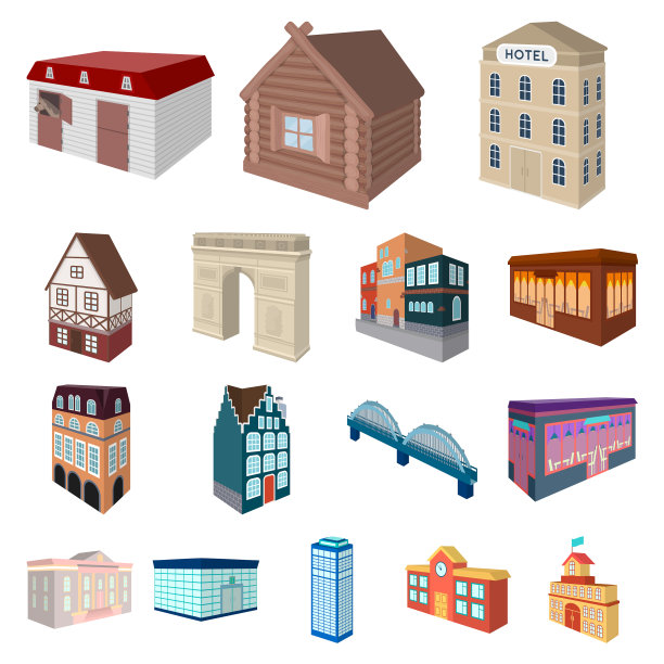 建筑和建筑卡通图标设置图片下载