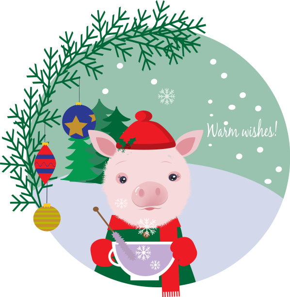 可爱的小猪戴着帽子喝着冬卡图片下载