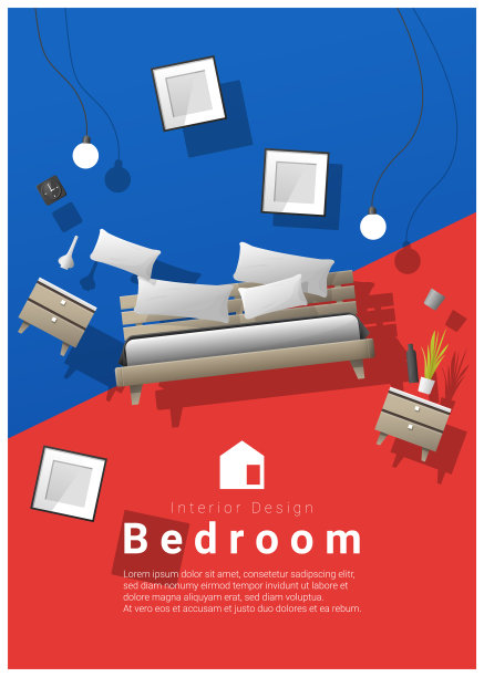 卧室家具盘旋在彩色的背景上图片下载