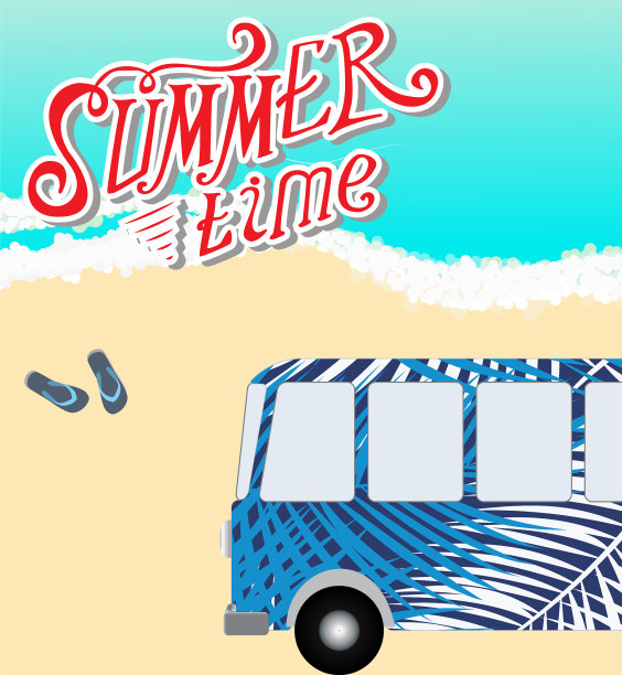 卡通货车与公共汽车站在公路旁图片下载