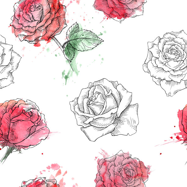 红玫瑰无缝水彩图案图片下载