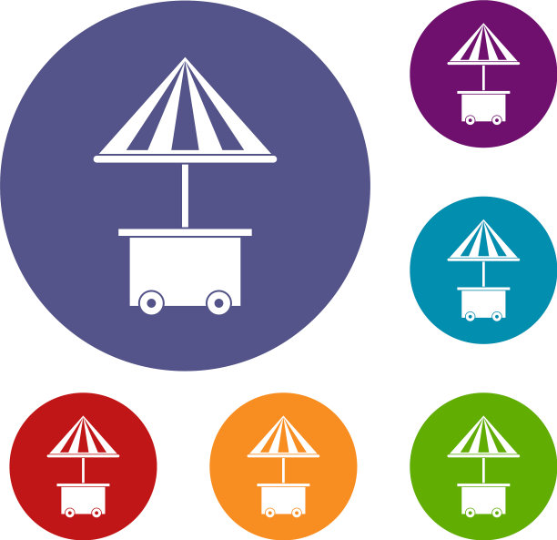 移动手推车与雨伞出售食品图标集图片下载