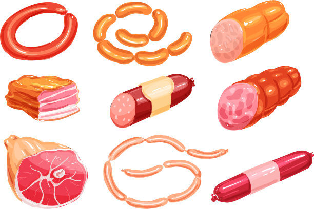 肉类和香肠水彩设置的食品设计图片下载