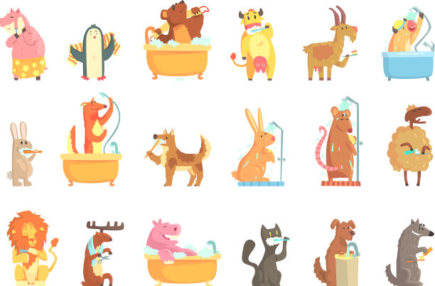 可爱的小动物们在水中洗浴图片下载