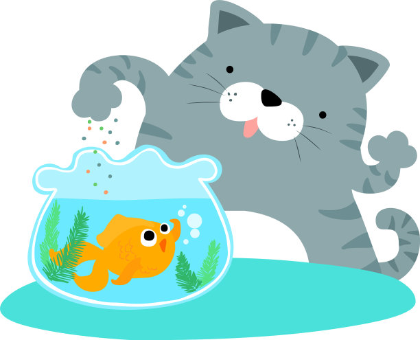 毛茸茸的猫在喂快乐的金鱼图片下载