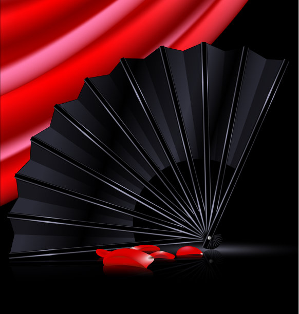 黑色的扇子，红色的窗帘和花瓣图片下载