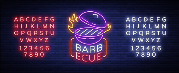 烧烤标志霓虹标志标志鲜艳图片下载