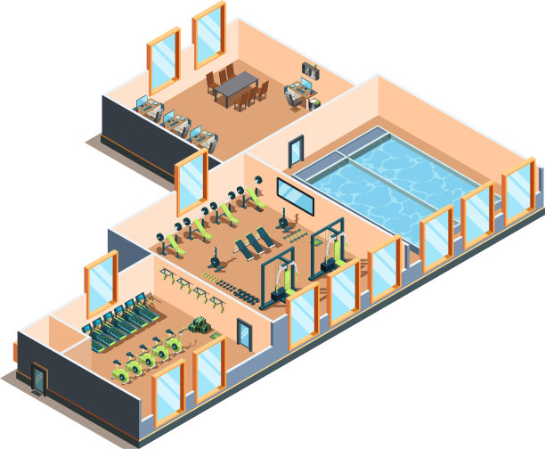 健身中心、健身房和游泳池室内房间图片下载