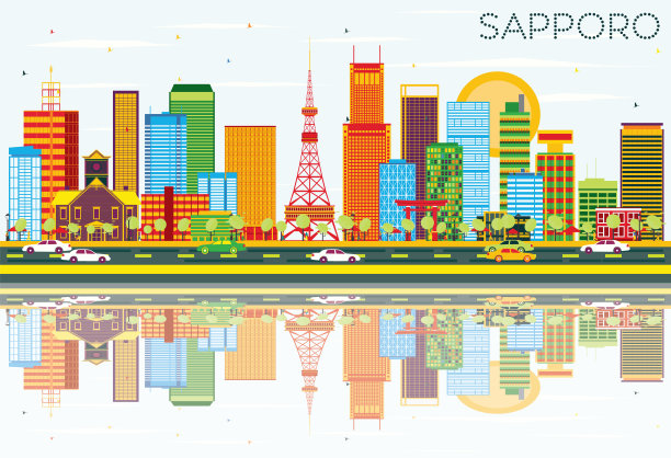 札幌的天际线有彩色的建筑，蓝天和图片下载