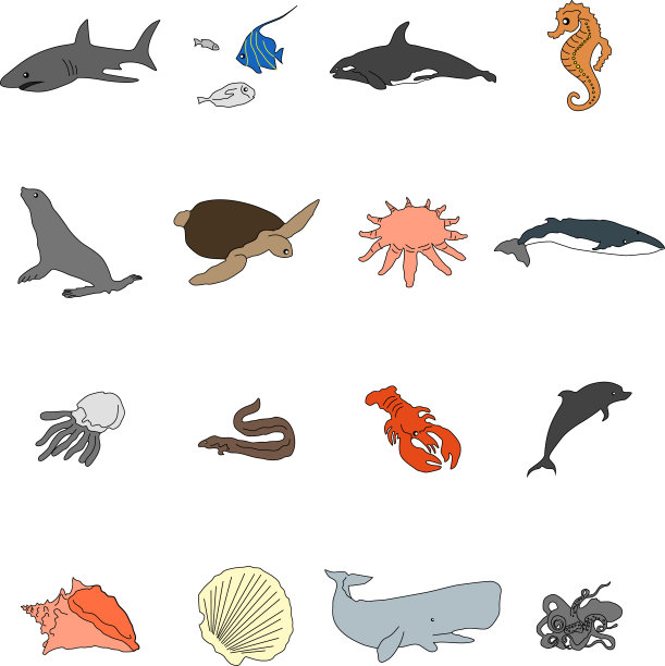 图标的海洋居民在一个扁平的风格与图片下载