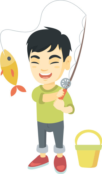 小男孩拿着鱼竿，鱼钩上图片下载