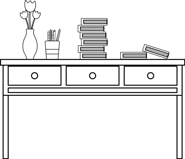 用抽屉、物品和书装饰木质书桌图片下载