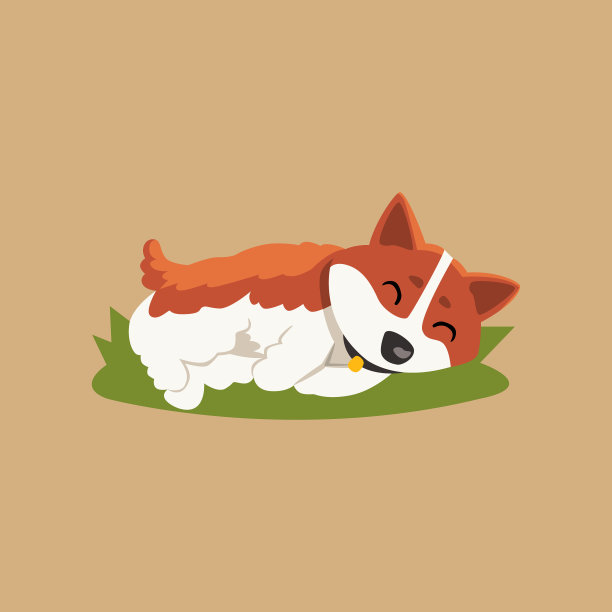 有趣的小柯基睡在绿色的草坪卡通图片下载