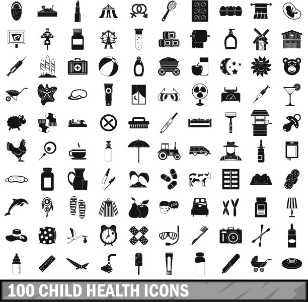100个儿童健康图标设置简单的风格图片下载