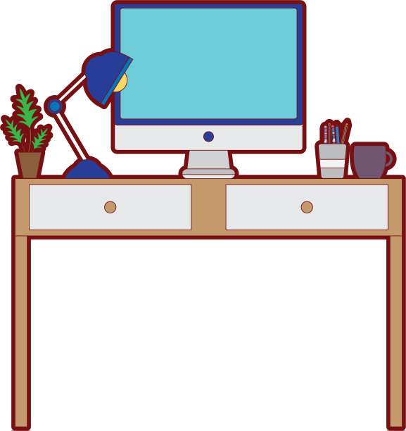 带台灯和电脑的彩色办公桌图片下载