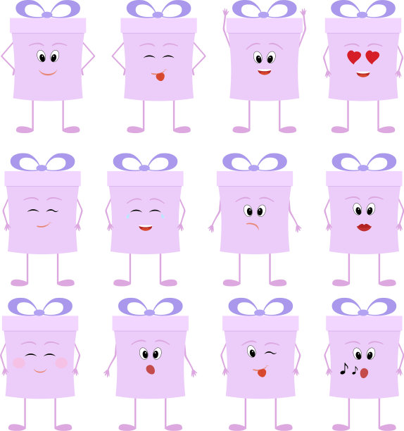 有趣的礼品盒卡通人物与蝴蝶结图片下载