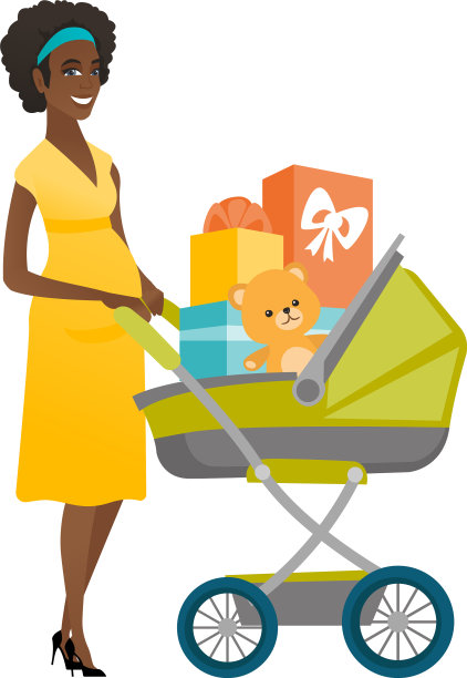 年轻孕妇推着装满礼物的婴儿车图片下载