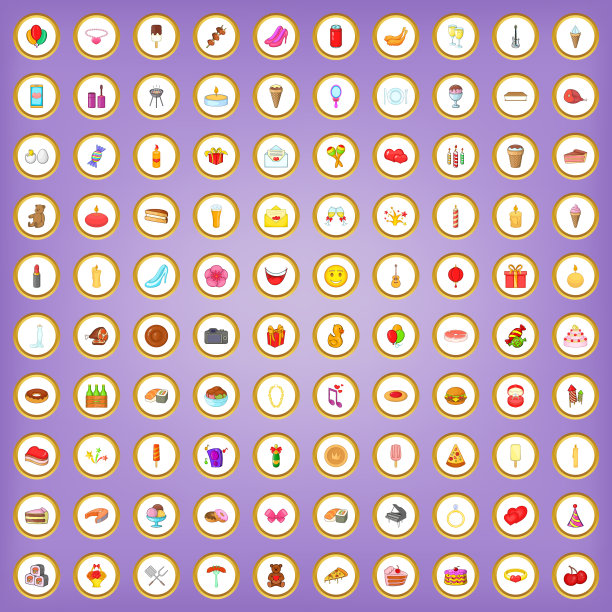 100生日派对图标设置在卡通风格图片下载