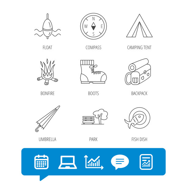 公园钓鱼花车和登山靴图标图片下载