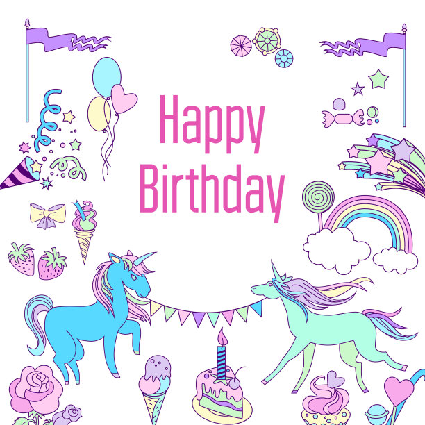带独角兽蛋糕气球的生日贺卡图片下载