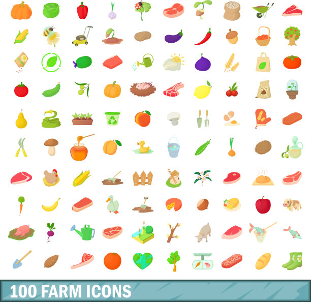 100个农场图标设置卡通风格图片下载