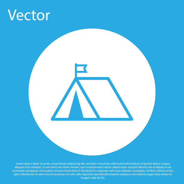 蓝色旅游帐篷与旗帜图标孤立在蓝色图片下载