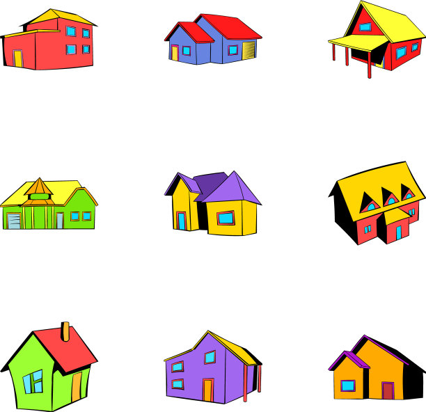 建筑图标设置卡通风格图片下载