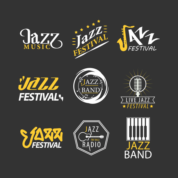 爵士音乐节标志设置孤立的黑色图片下载
