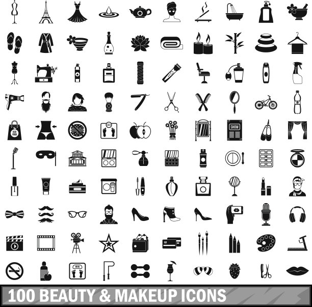 100美丽和化妆图标设置在简单的风格图片下载