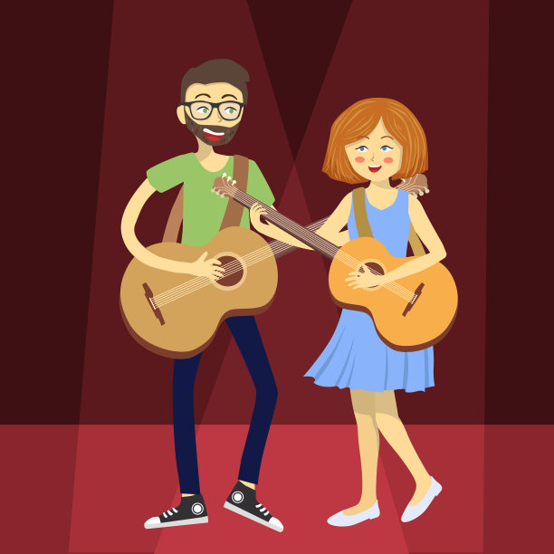 一对吉他手在红色聚光灯下图片下载