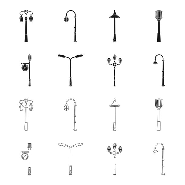 灯柱中有复古风格的现代灯笼和火把图片下载