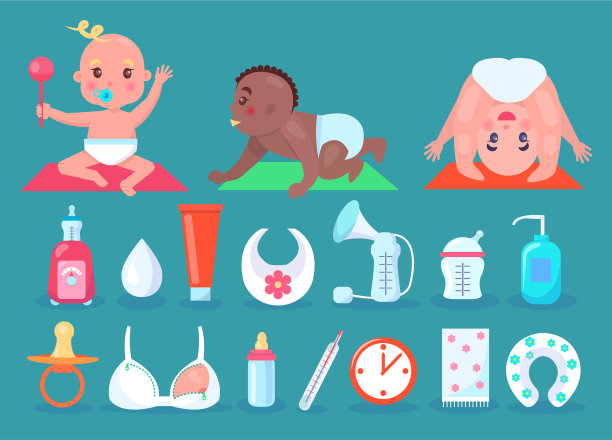 彩色的旗帜和三个孩子在彩色垫子上图片下载