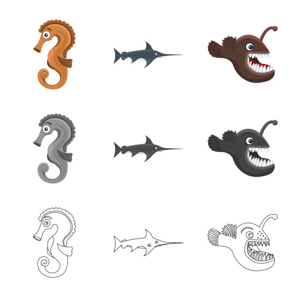 孤立对象的海洋和动物图标收集图片下载