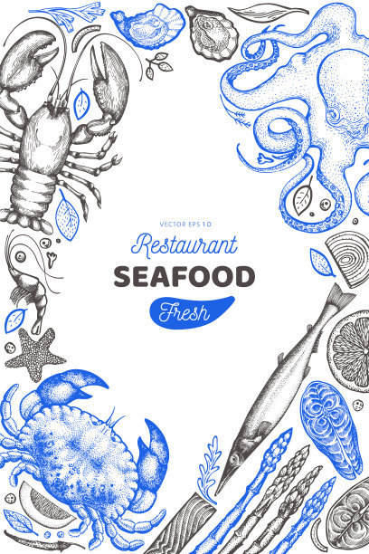 海鲜和鱼设计模板手绘食品图片下载