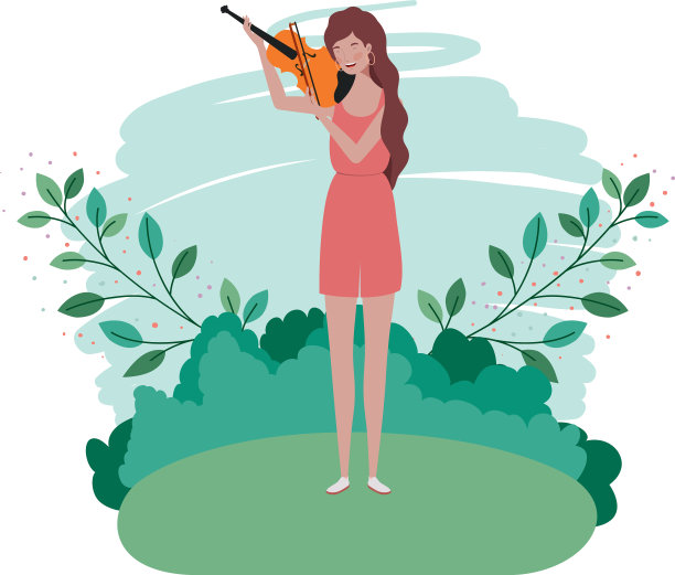 女人拿着小提琴和树枝和树叶在图片下载