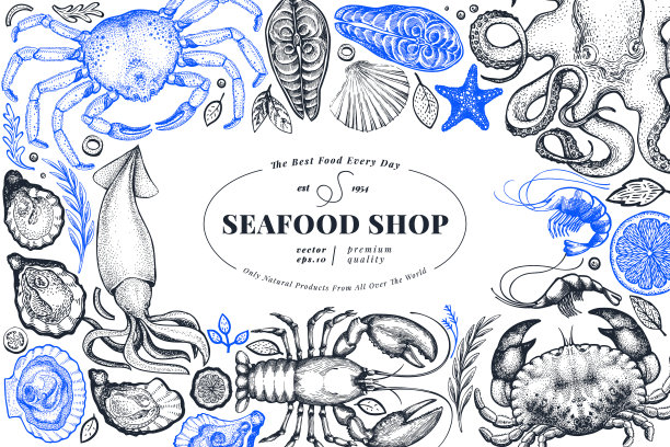 海鲜店手绘横幅模板复古图片下载