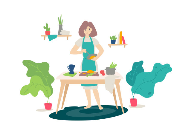 一个穿着围裙的女孩在厨房里做饭图片下载