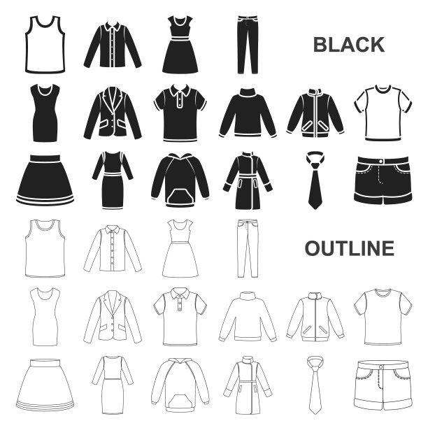 不同种类的衣服黑色图标设置图片下载