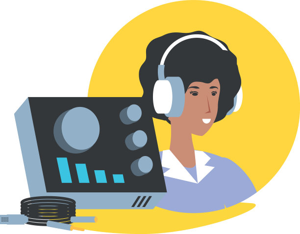 可爱的年轻女子，戴着耳机和音频控制台图片下载