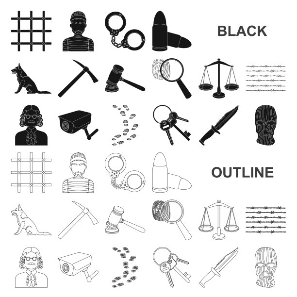 监狱和犯罪的黑色图标设置图片下载