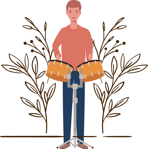 男人用定音鼓和树枝和树叶在图片下载