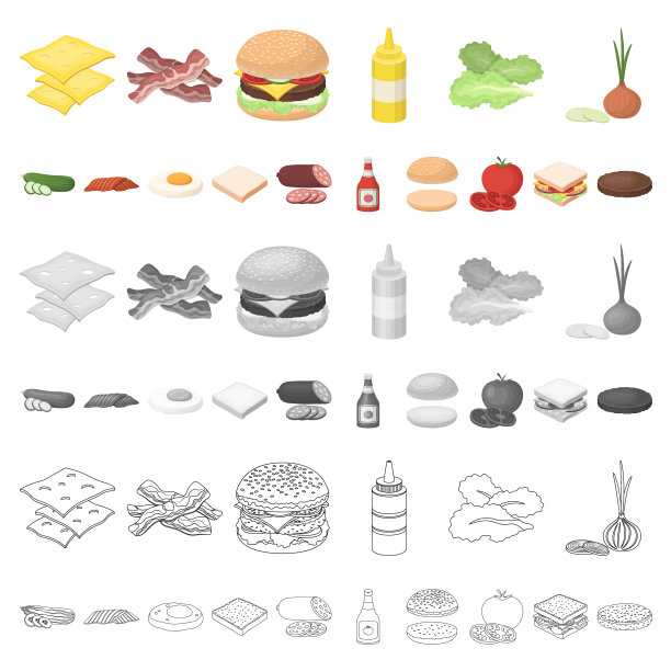汉堡和配料卡通图标设置图片下载