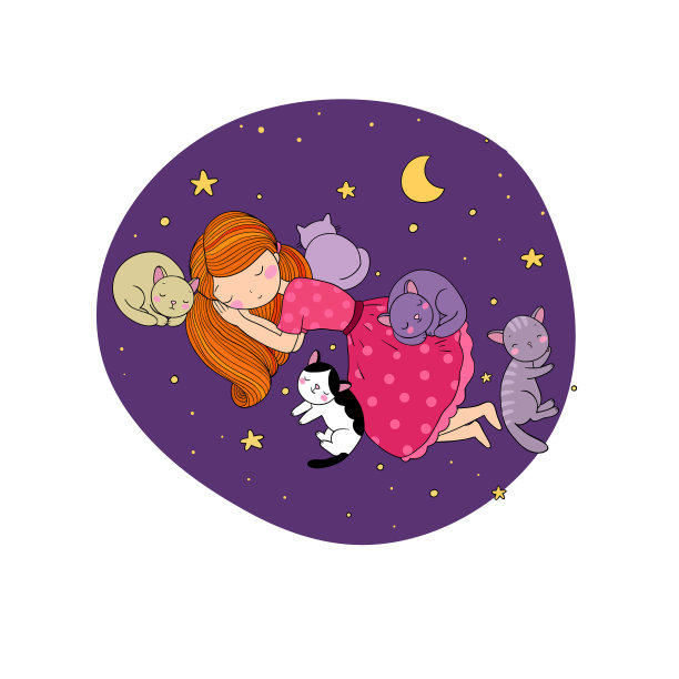 睡觉的女孩和猫在床上晚安图片下载