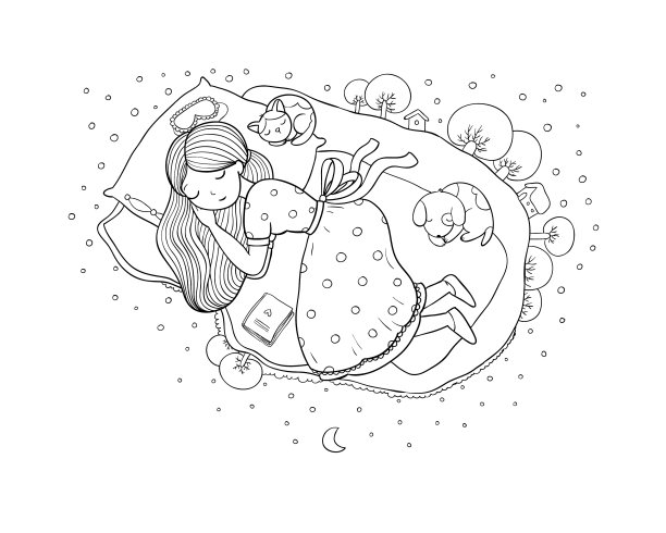 女孩猫和狗睡在床上晚安图片下载