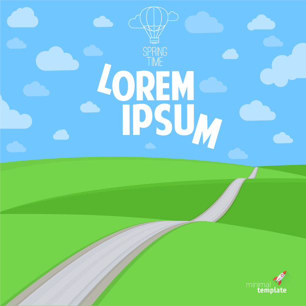 春天的草地上有路和晴朗的天空图片下载