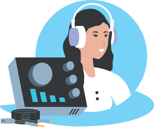 可爱的年轻女子，戴着耳机和音频控制台图片下载