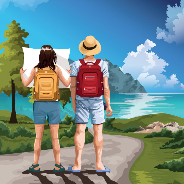 背包旅行者在大自然卡通绘画艺术图片下载