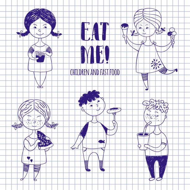 男孩和女孩的食物在笔记本纸上图片下载
